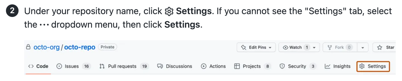 Captura de tela de um artigo que mostra instruções e uma captura de tela da interface do usuário para localizar a página Configurações em um repositório GitHub.