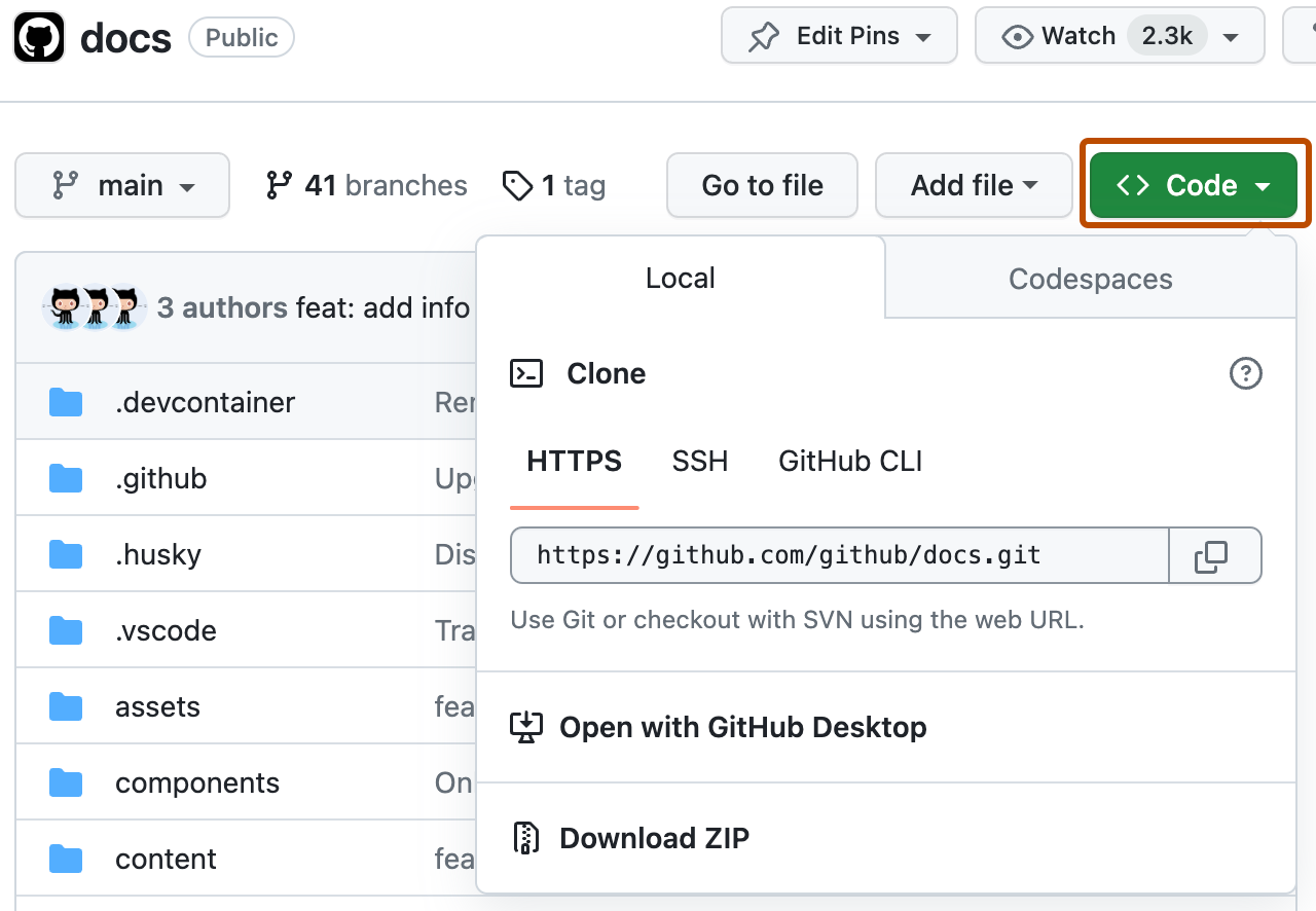 Captura de tela da página principal de um repositório. Um botão verde, rotulado como "Código", é destacado em laranja escuro e expandido para mostrar a URL HTTPS do repositório.