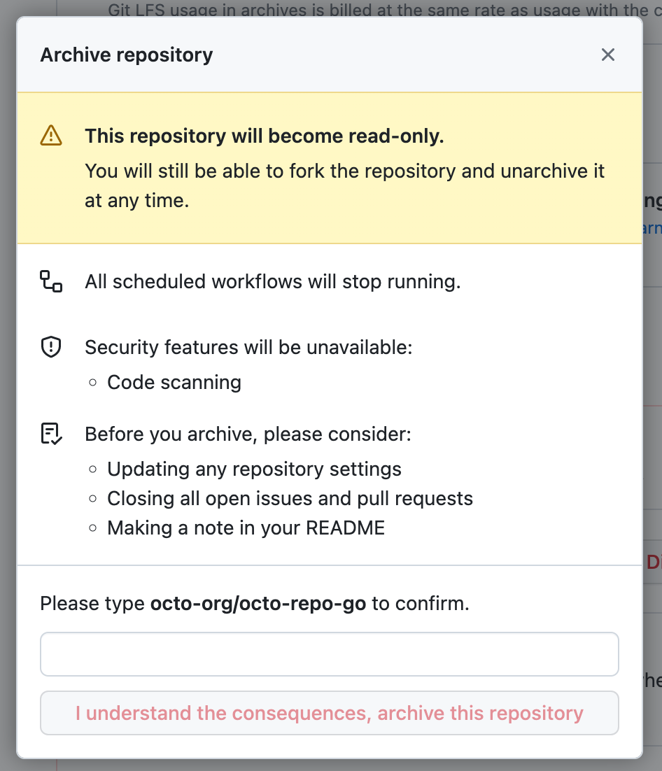 Advertencias para archivar el repositorio