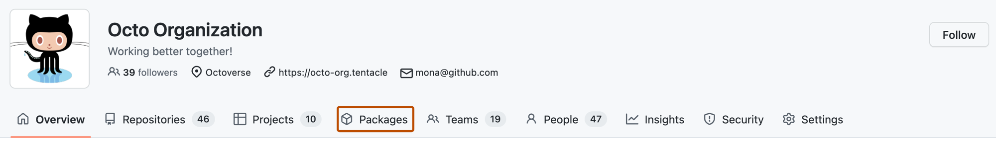 @octo-org のプロファイル ページのスクリーンショット。 [パッケージ] タブがオレンジ色の枠線で強調表示されています。
