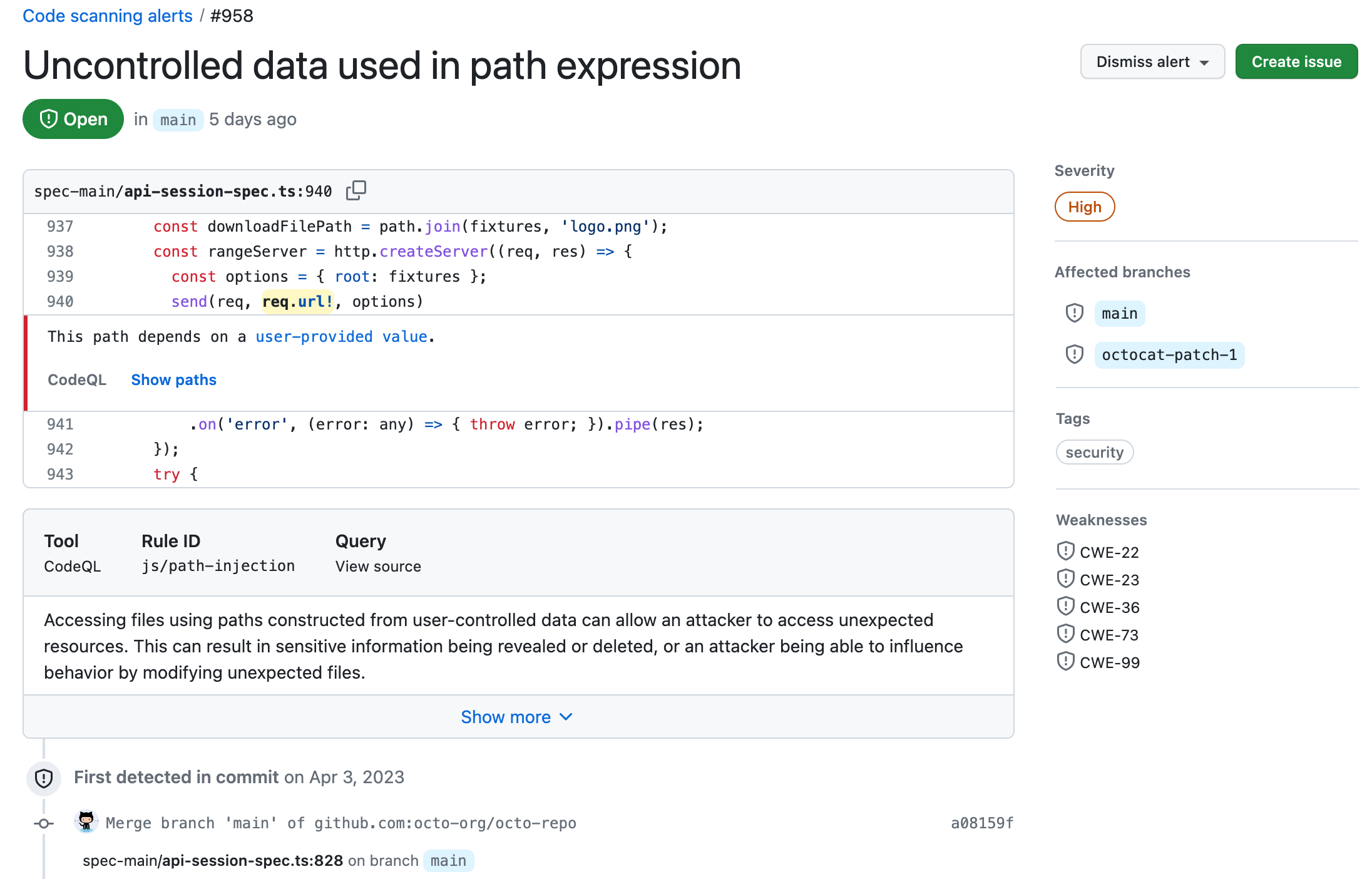 Example alert from code scanning