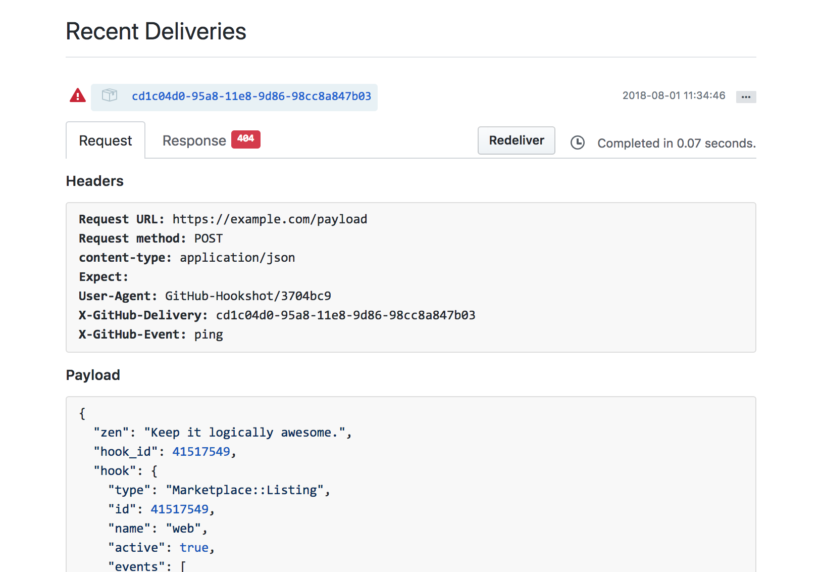 Captura de tela das entregas recentes do webhook para a listagem do GitHub Marketplace.