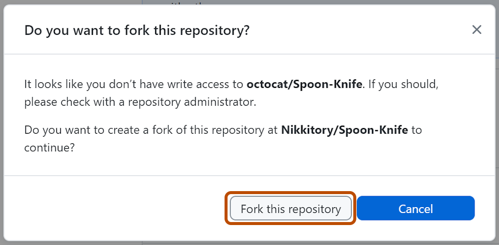 Captura de tela da janela "Create a fork prompt". Um botão, rotulado como "Fork this repository", está realçado com um contorno laranja.