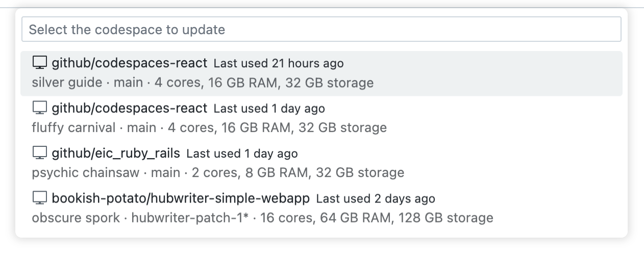 Captura de tela de uma lista suspensa de quatro codespaces.