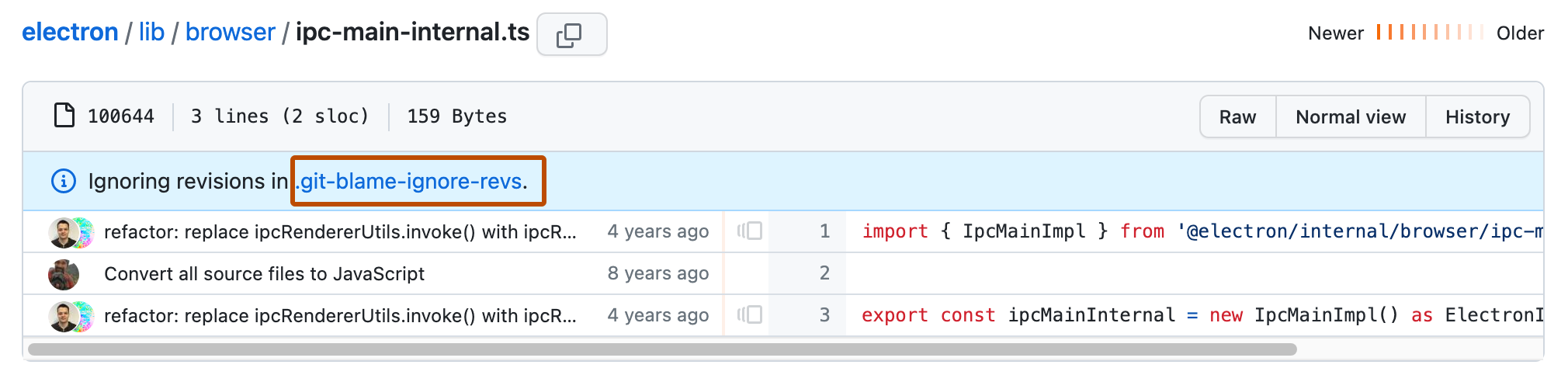 Screenshot of the blame view for the "ipc-main-internal.ts" file. A blue banner states that the information is "Ignoring revisions in .git-blame-ignore-revs." The link to the .git-blame-ignore-revs file is outlined in dark orange.