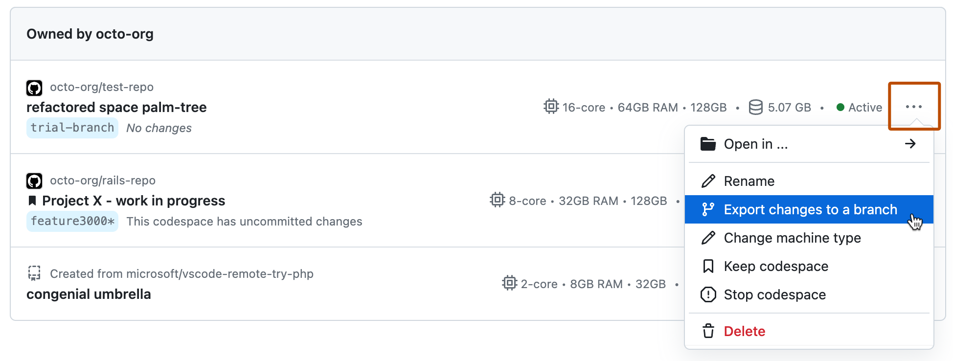 Captura de tela de uma lista de codespaces com o menu suspenso de um deles exibido, mostrando a opção "Exportar alterações para um branch".