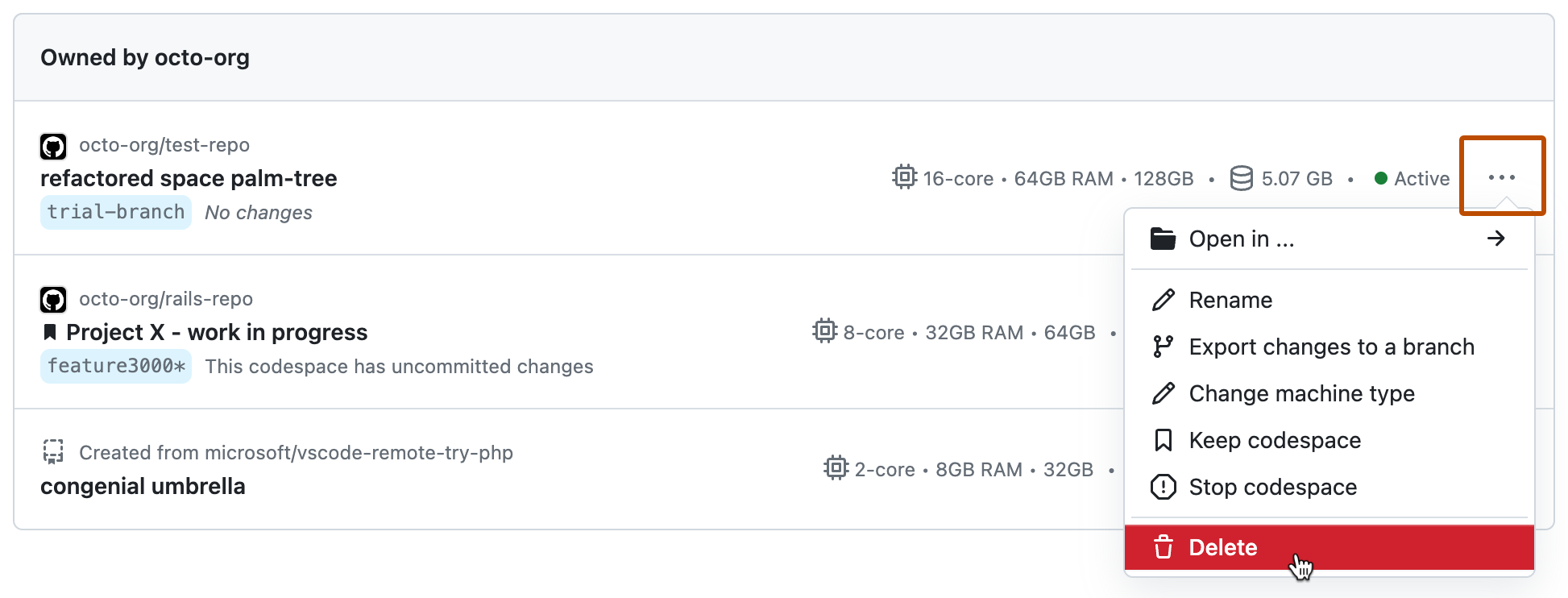 "삭제" 옵션을 보여 주는 드롭다운 메뉴가 표시된 codespace 목록의 스크린샷입니다.