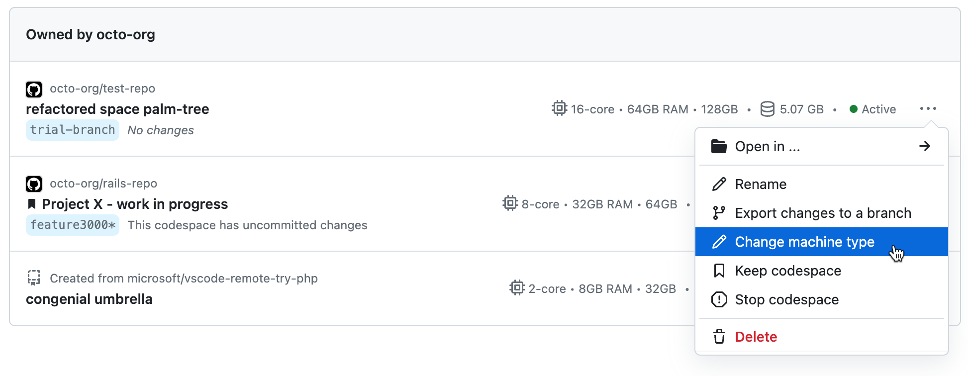 Capture d’écran du menu déroulant d’un codespace. L’option « Changer le type de machine » est mise en surbrillance.