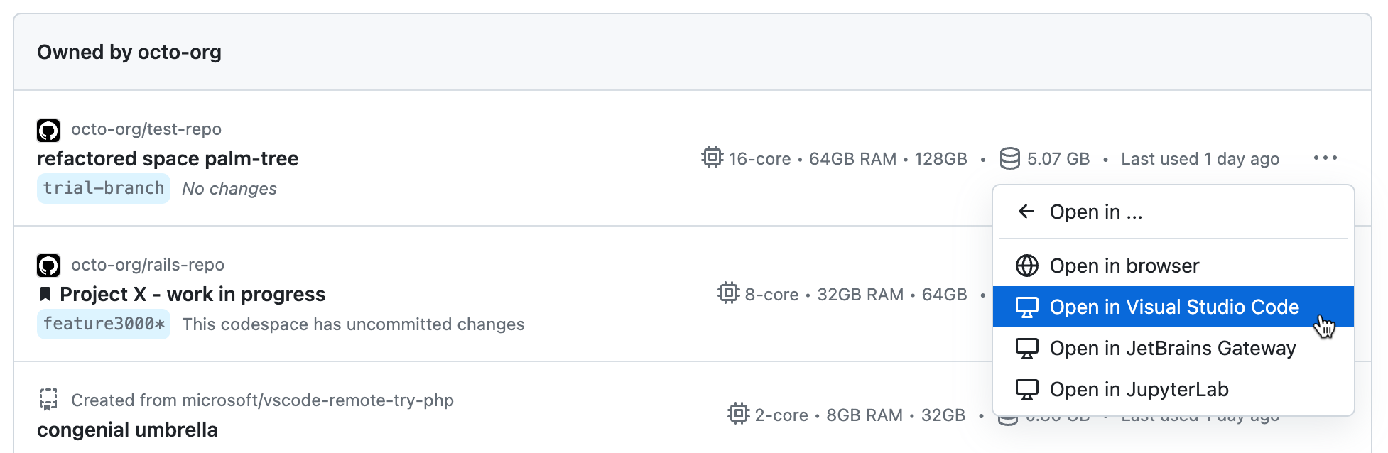 "Visual Studio Code에서 열기"가 강조 표시된 "열기" 대화 상자의 스크린샷.