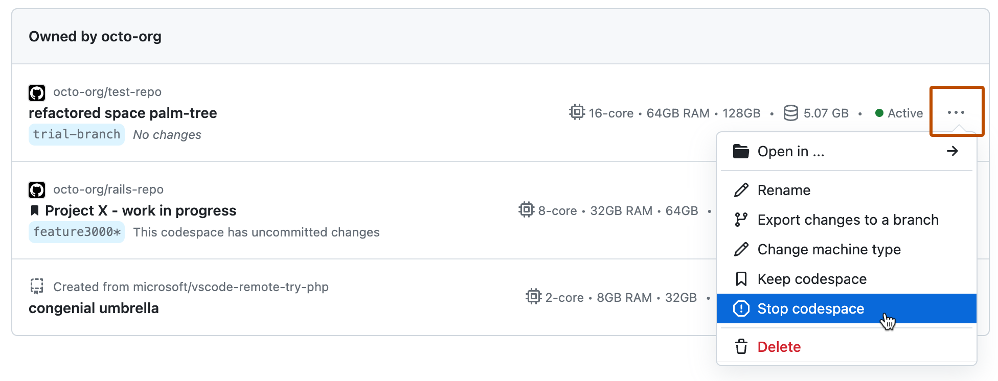 "Codespace 중지" 옵션을 보여 주는 드롭다운 메뉴가 표시된 codespace 목록의 스크린샷.