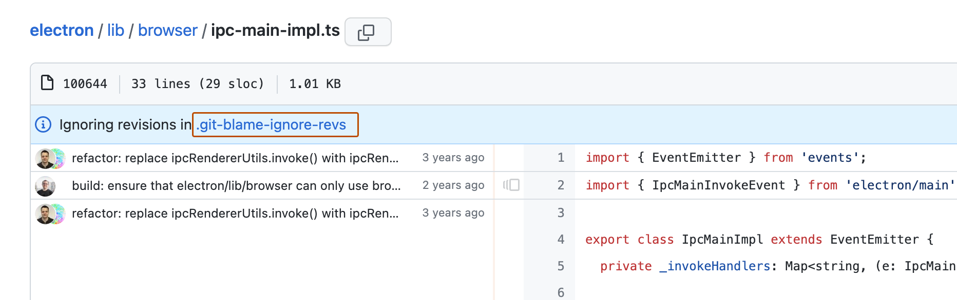 "ipc-main-internal.ts" 파일의 블레임 보기 스크린샷. 파란색 배너에는 정보가 ".git-blame-ignore-revs의 수정 내용 무시"라고 표시됩니다. .git-blame-ignore-revs 파일에 대한 링크는 진한 주황색으로 표시됩니다.