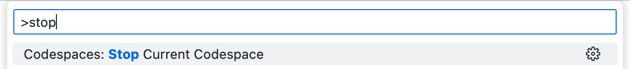Screenshot of the Command Palette with the search text "stop" and the option "Codespaces: Stop Current Codespace."