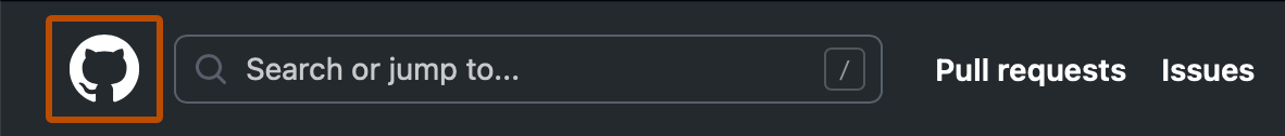 Captura de pantalla del encabezado de cualquier página de GitHub. El logotipo de GitHub está resaltado con un contorno naranja.