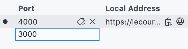 転送された新しいポートのポート番号フィールドに入力された番号 3000 のスクリーンショット。