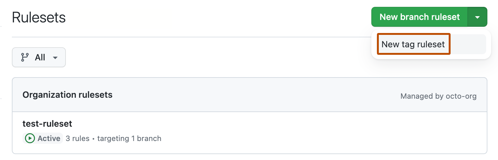 [ルールセット] ページのスクリーンショット。 [新しいブランチ ルールセット] ボタンの横にドロップダウン メニューが展開され、[新しいタグ ルールセット] というラベルが付いたオプションがオレンジ色の枠線で囲まれています。