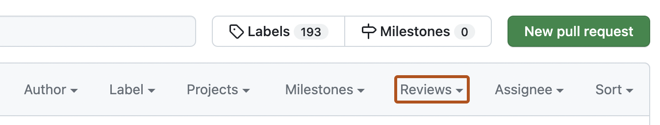 Menu suspenso Reviews (Revisões) no menu filter (filtro) acima da lista de pull requests